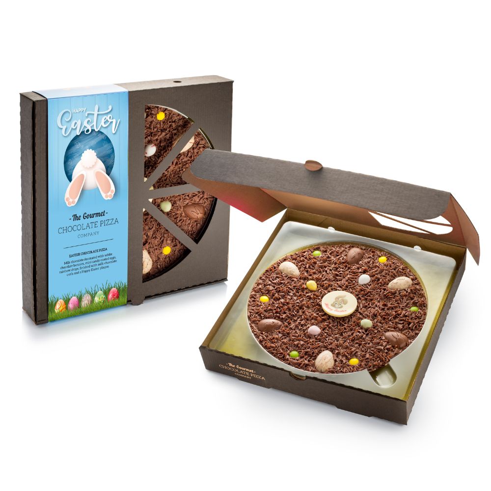 Ten Inch Easter Chocolate Pizza, presented in a pizza delivery box with a blue bunny strap.